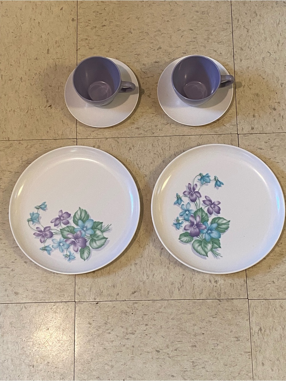 Royalon Inc. Melmac “Violet Corsage” Dinner Plates and Cups and Saucers